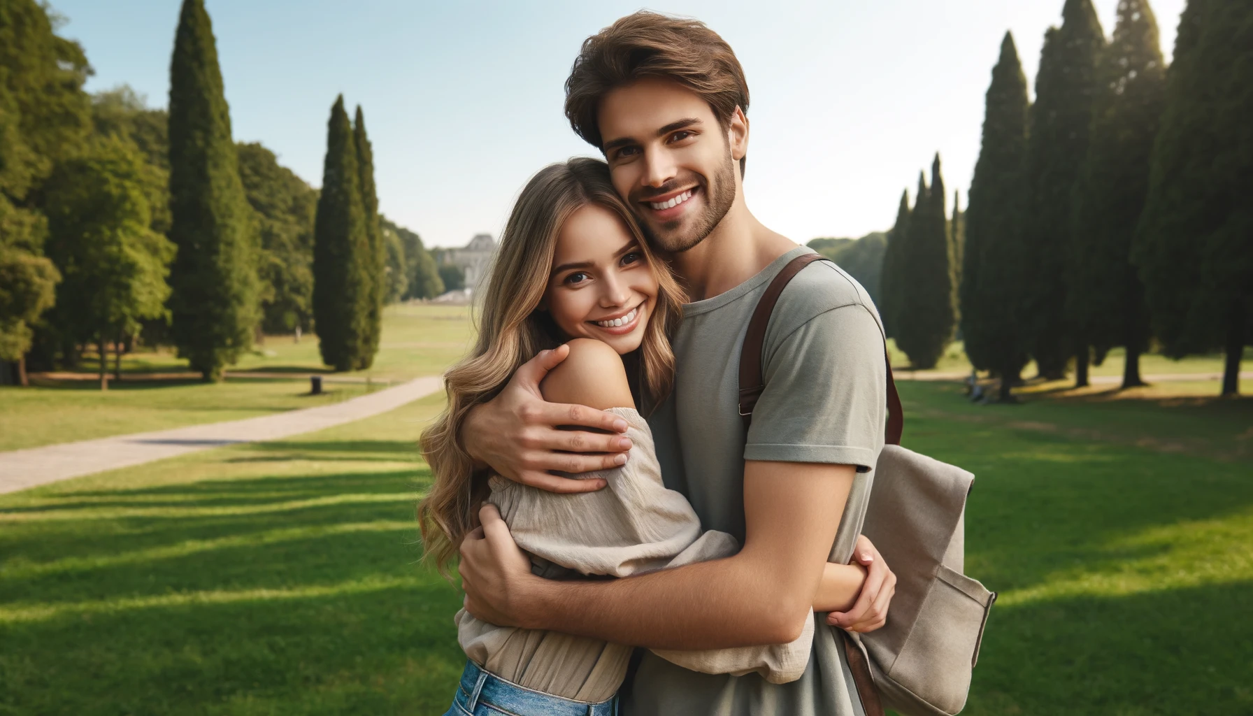 A panoramic  photo of a young couple hugging each other warmly.
