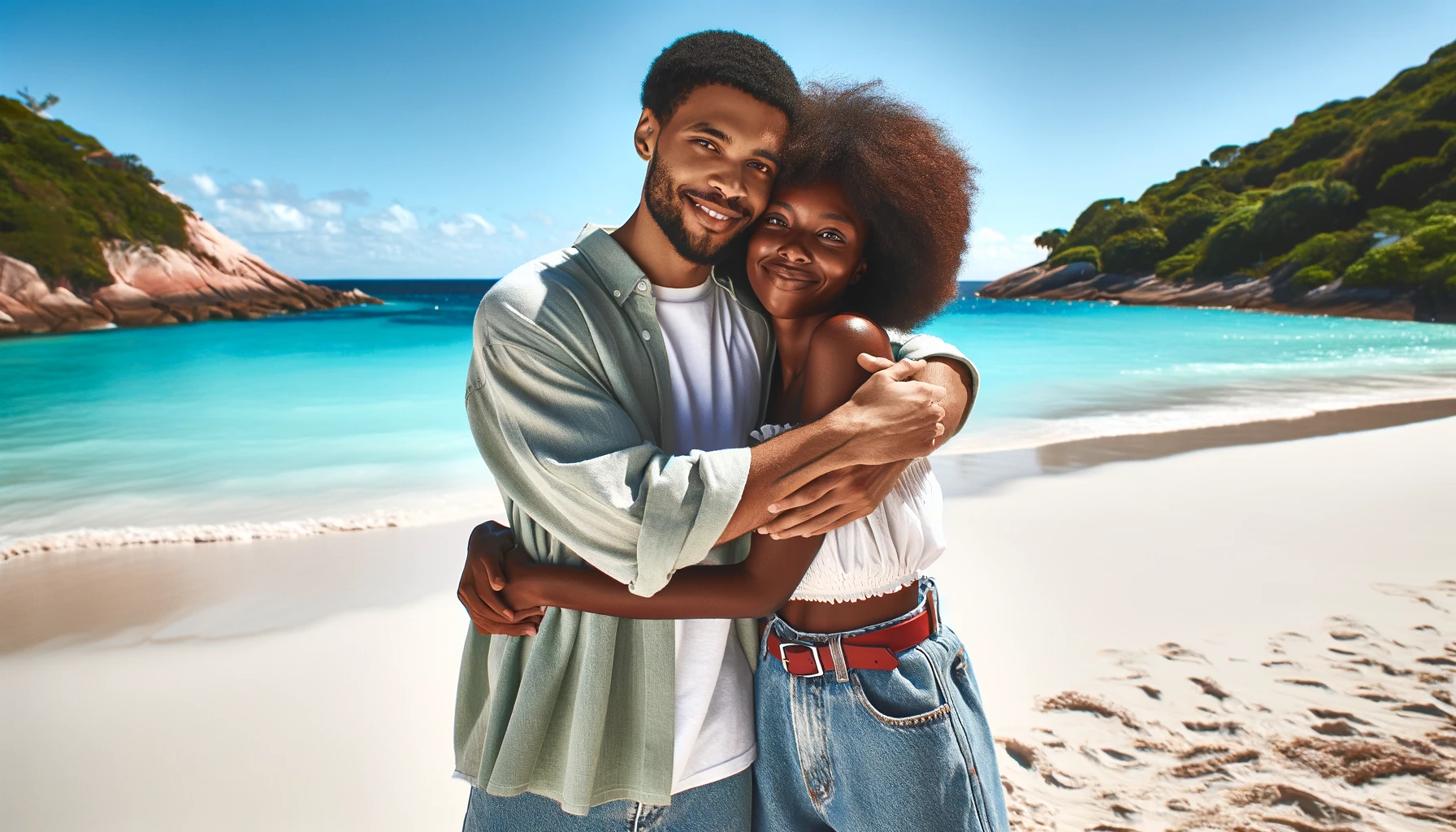 Diverse couple embracing on a vacation, symbolizing love and diversity.