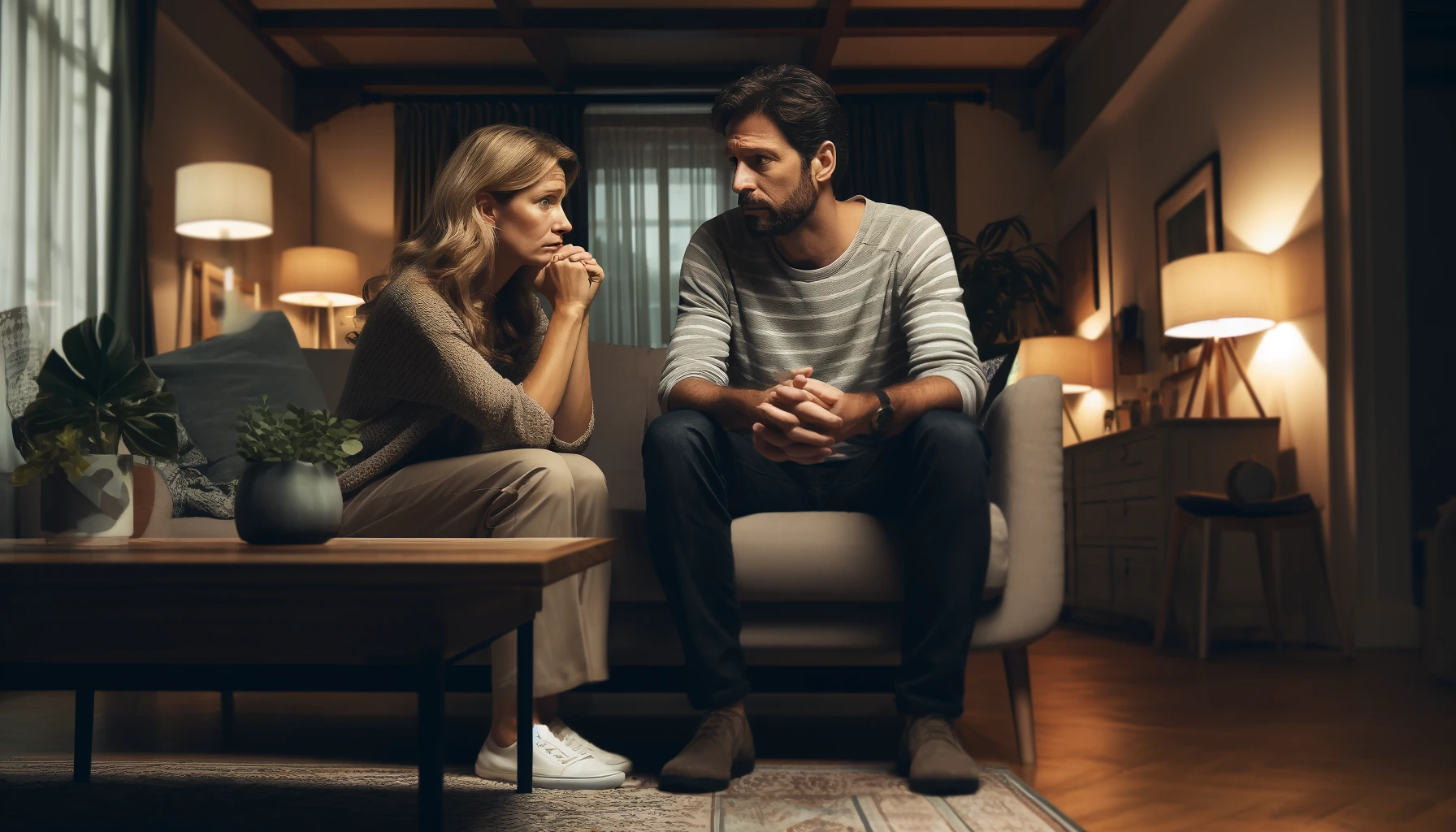 A worried couple having a serious conversation in their living room at home.