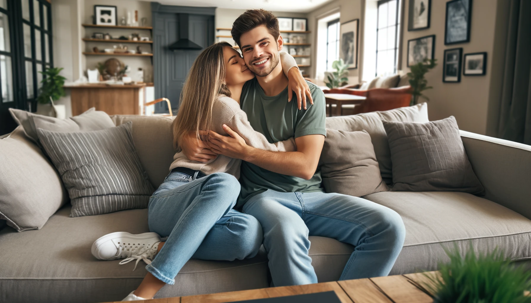 A cheerful young man hugging and kissing his girlfriend on the sofa at home.