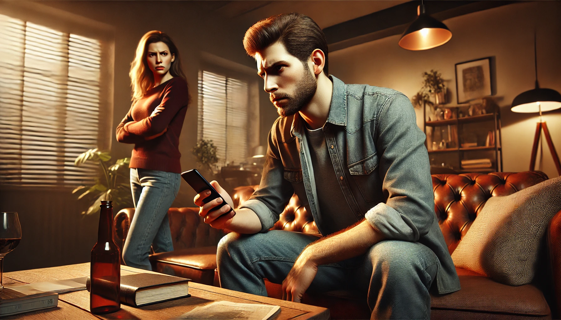 A man is angrily looking at a phone while a woman turns away in frustration.
