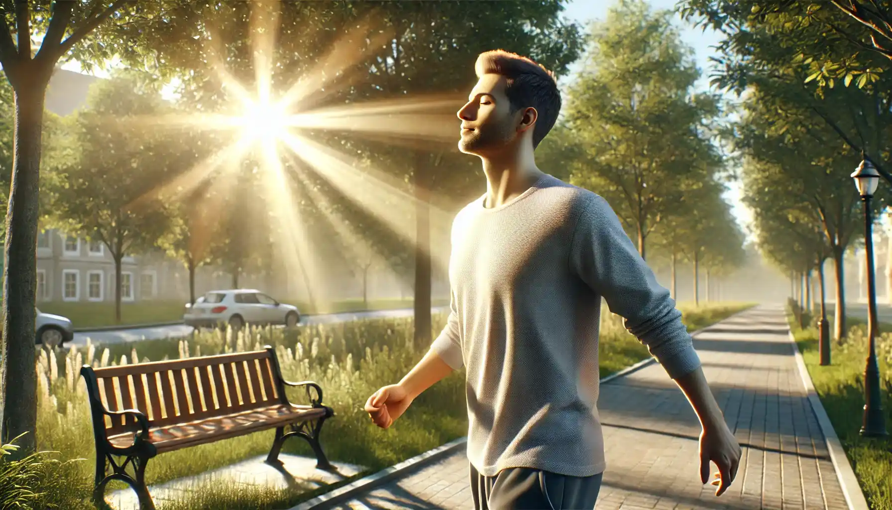  A man is walking outside in the early morning, absorbing sunlight. 